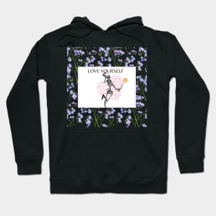 Love yourself, Funny Pink Skeleton, Purple Flower Hoodie